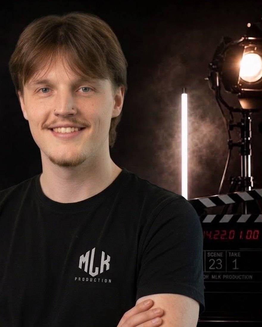 Hendrik Gutowski, Videoeditor bei MLK Production, im Studio vor Filmlicht und Filmklappe