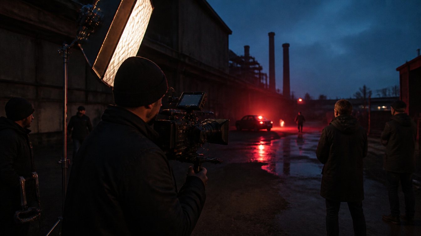 Filmcrew von MLK Production bei einem Dreh im Ruhrgebiet zur blauen Stunde