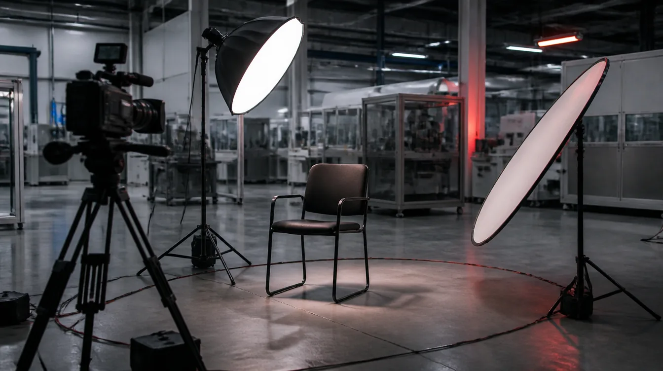 Interview-Setup mit Kamera und Softbox in einem Produktionsbetrieb