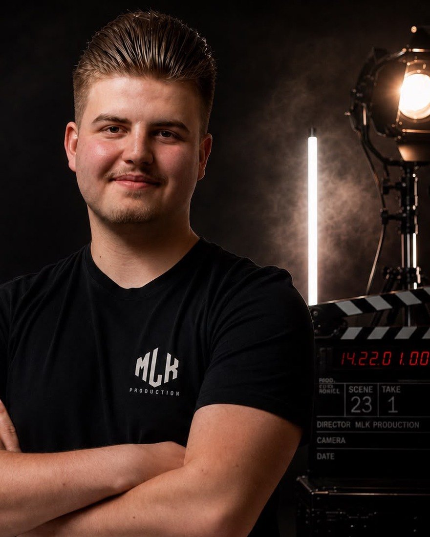 Oliver Malek, Inhaber von MLK Production, im Studio vor Filmlicht und Filmklappe