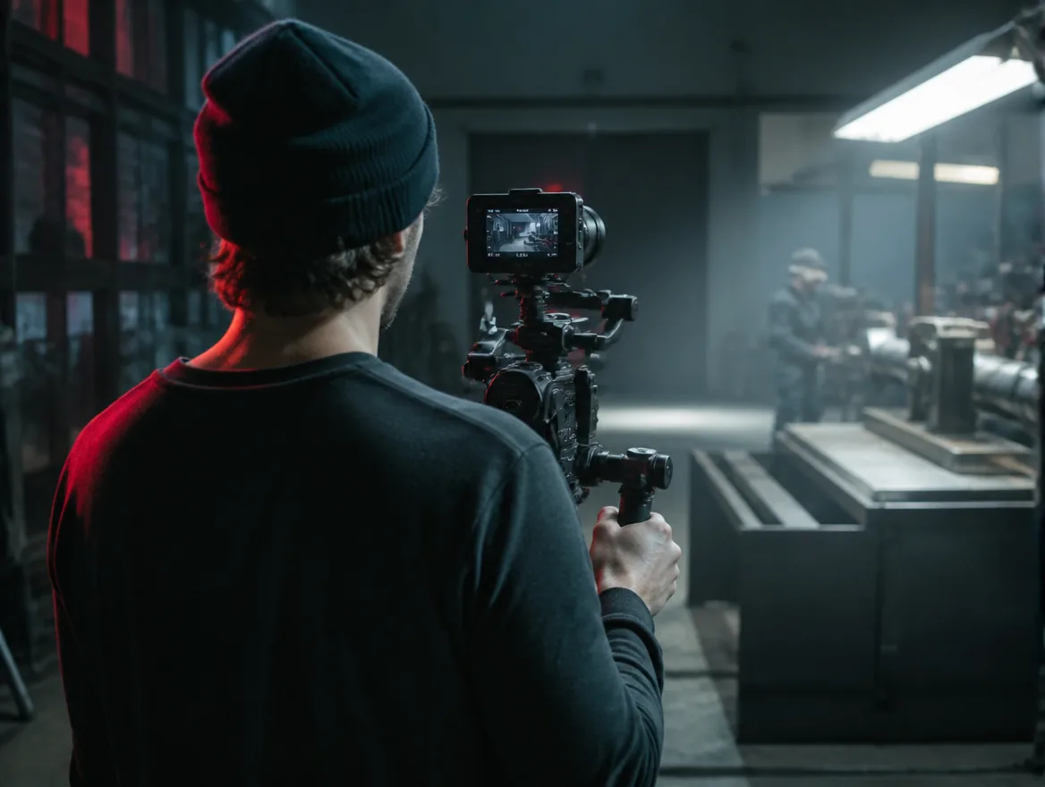 Kameramann mit Cinema-Kamera auf dem Gimbal in einer Werkshalle