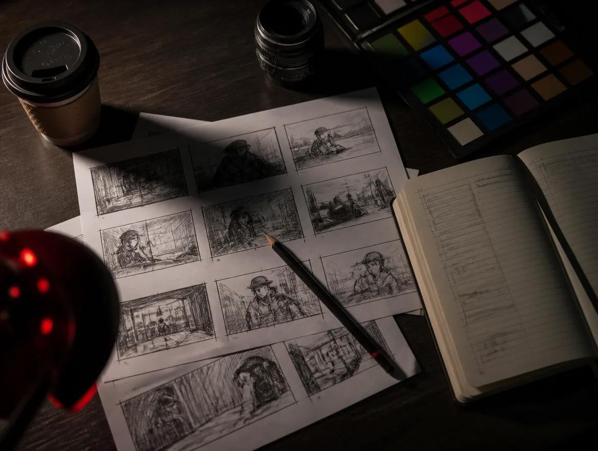 Storyboard, Shotlist und Farbkarte auf dem Schreibtisch vor dem Dreh