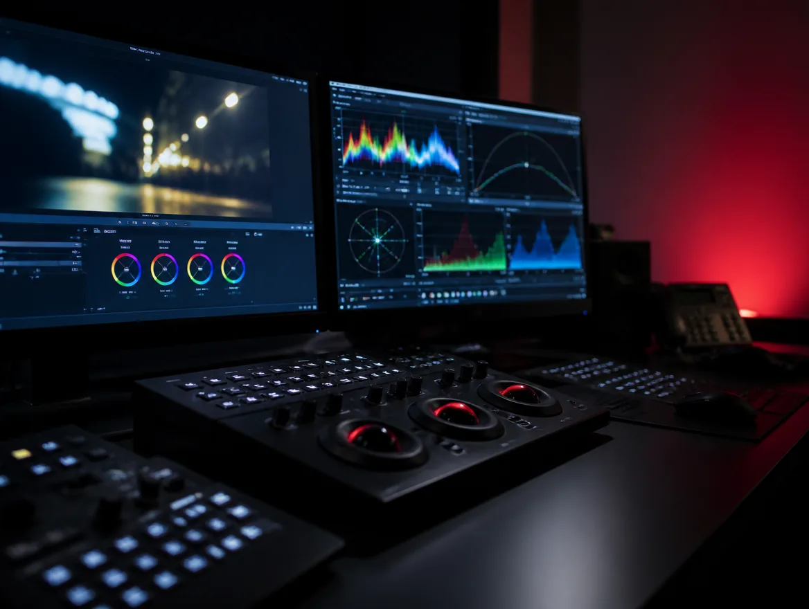 Schnittplatz mit Grading-Panel und Scopes bei der Farbkorrektur